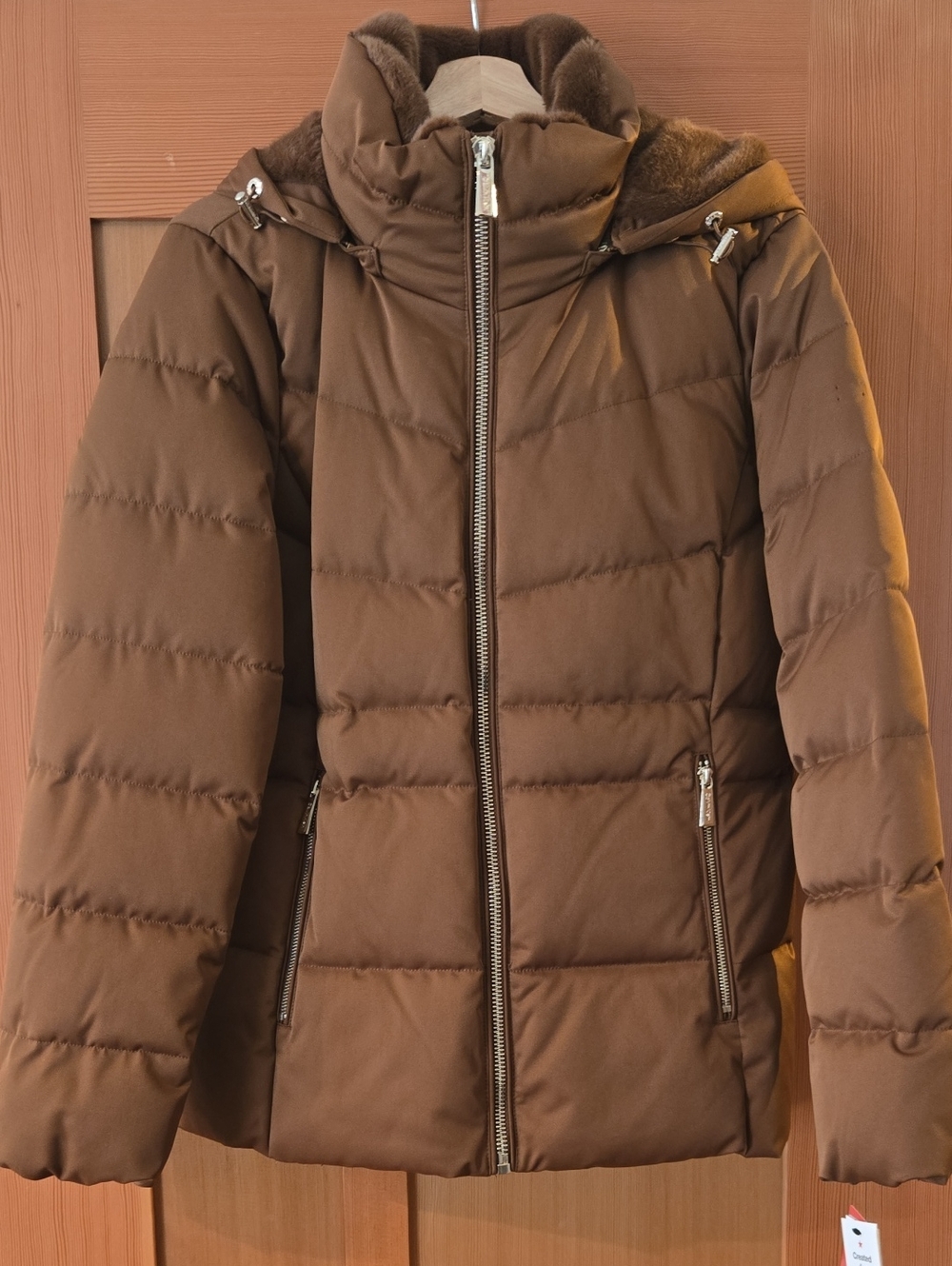 Calvin Klein Brown Puffer Jacket Hood, Faux Fur Lined Hood/collar L